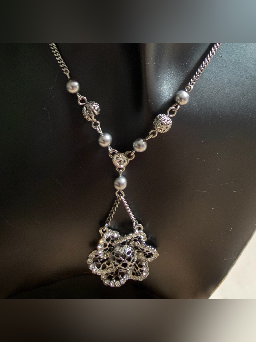 Givenchy Silver-Tone Pave Filigree Crystal Flower Necklace - Picture 6 of 8